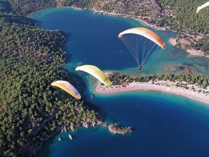 Parachuting over blue water - Extreme Sports
